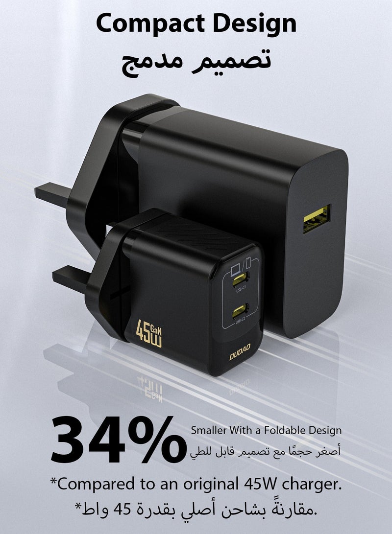 دوداو شاحن سريع 45 واط GaN بمنفذي USB-C مزدوجين مع كابل USB-C بقدرة 65 واط، شاحن جداري PD3.0 PPS صغير الحجم، شاحن تايب سي متوافق مع سامسونج Galaxy و iPhone 15 و Huawei، شاحن USB C سريع مع تحكم ذكي في درجة الحرارة - Image 2